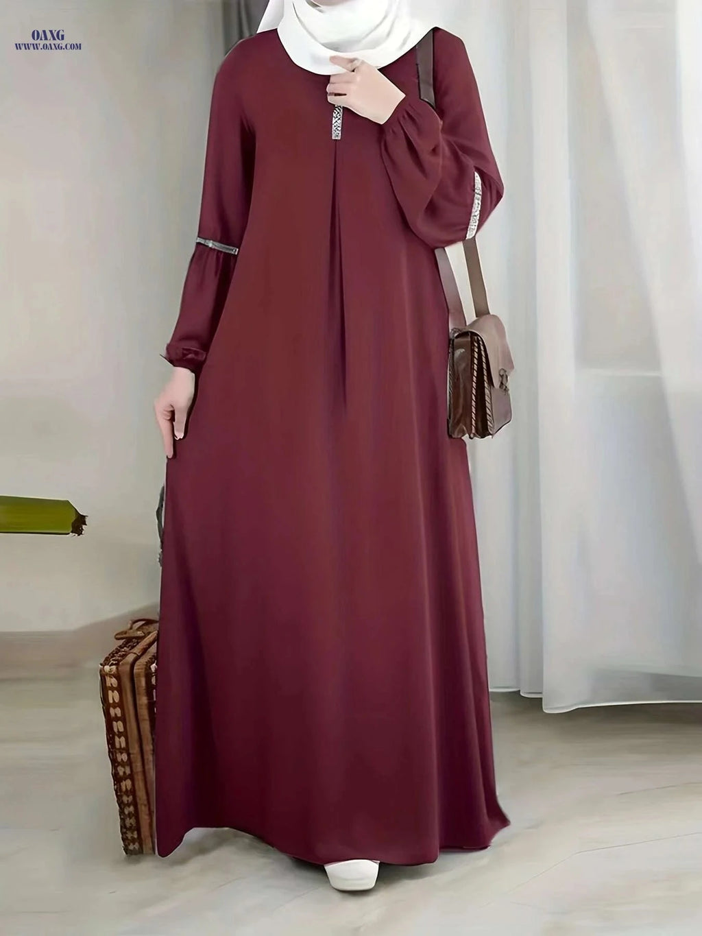 Elegant Women's Arabic Sequin Abaya - Round Neck Long Sleeve Style   OAXG crimson / S