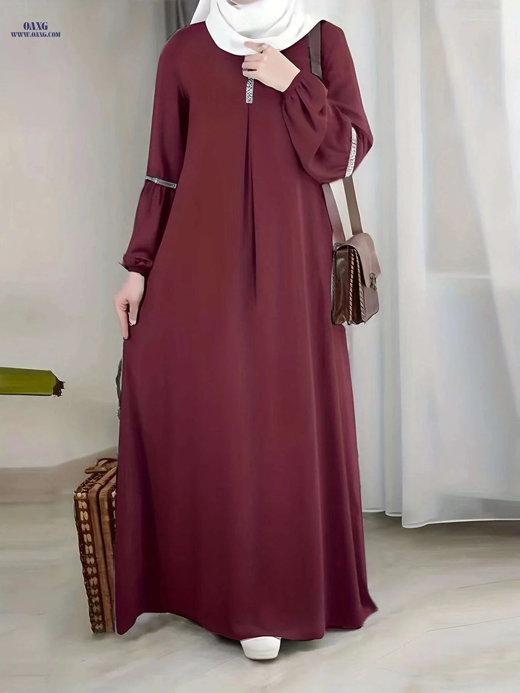 Elegant Women's Arabic Sequin Patchwork Abaya - Round Neck, Long Sleeve   OAXG 