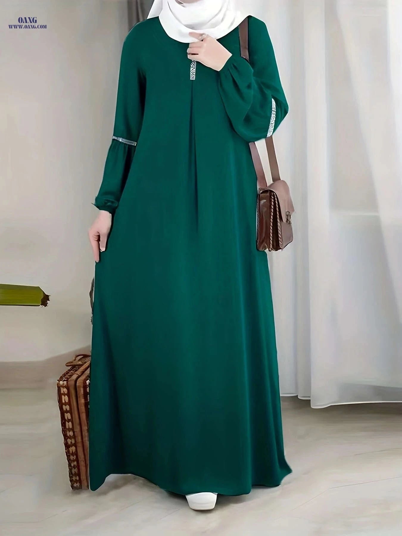 Elegant Women's Arabic Sequin Patchwork Abaya - Round Neck, Long Sleeve   OAXG crimson / S
