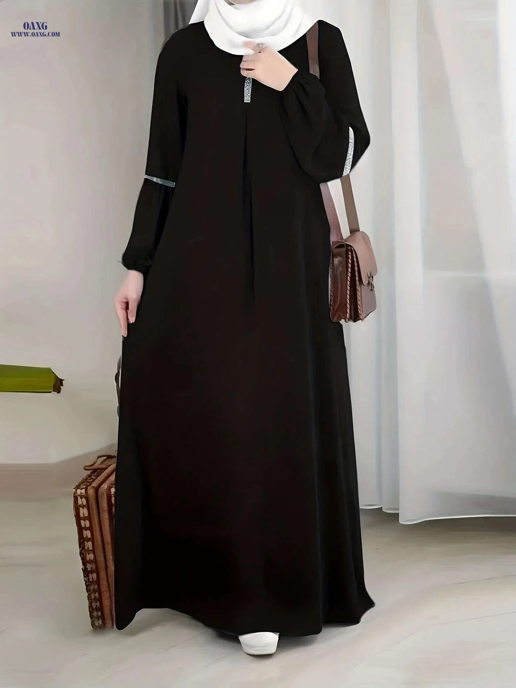 Elegant Women's Arabic Sequin Patchwork Abaya - Round Neck, Long Sleeve   OAXG crimson / S