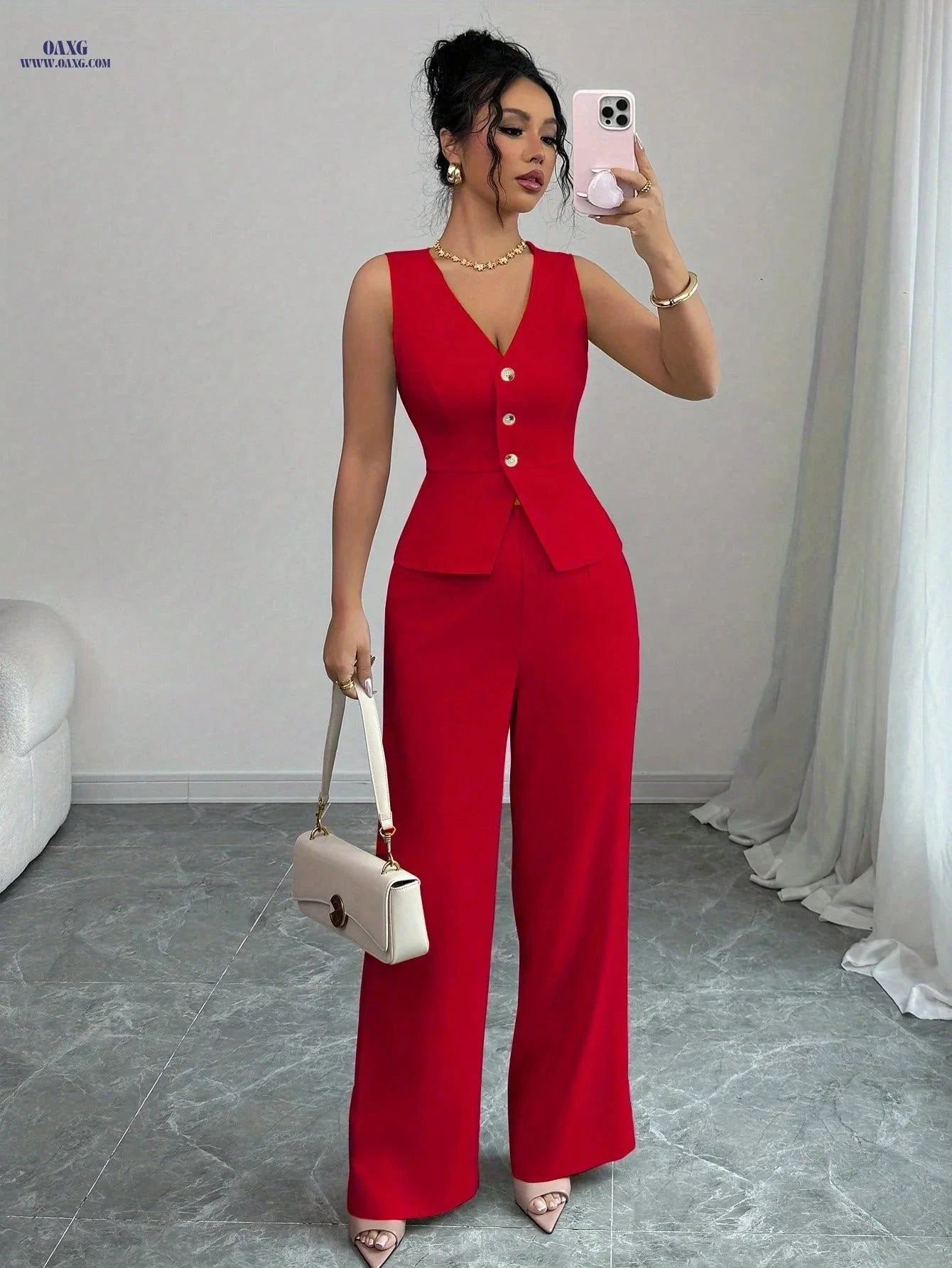 Elegant Women's Autumn Cardigan Vest & Pants Set for Office Wear   OAXG Red / XS