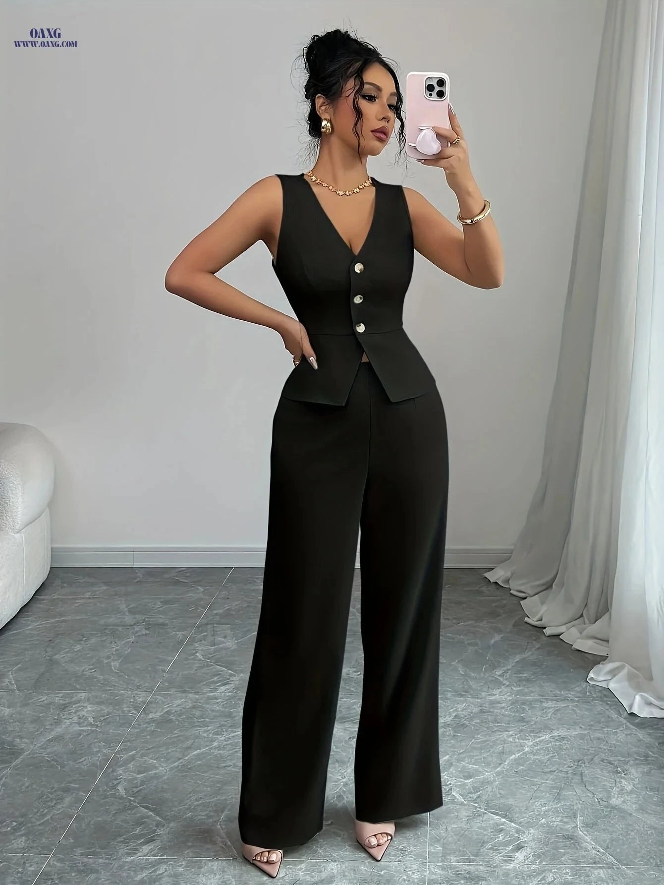 Elegant Women's Autumn Cardigan Vest & Pants Set for Office Wear   OAXG Red / XS