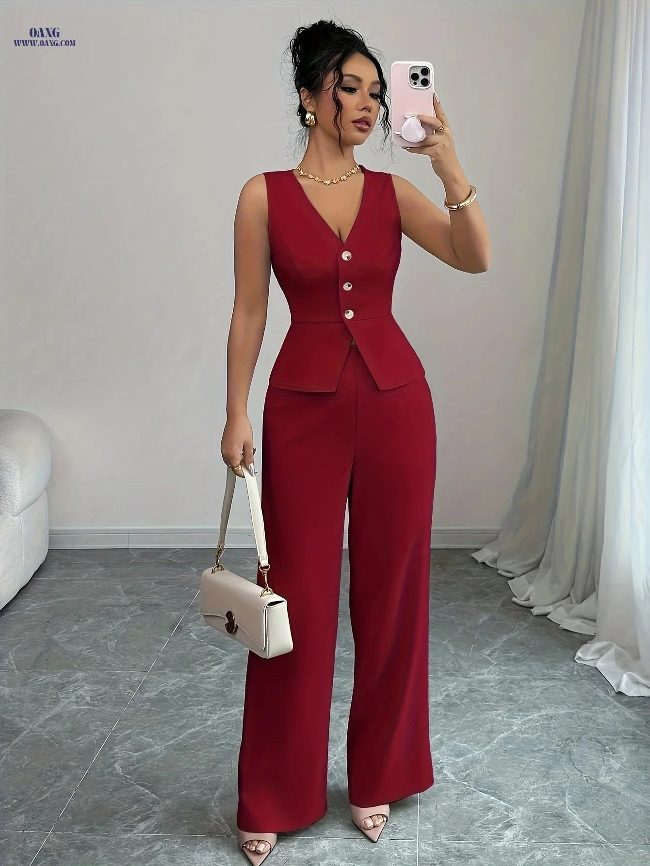 Elegant Women's Autumn Cardigan Vest & Pants Set for Office Wear   OAXG Red / XS