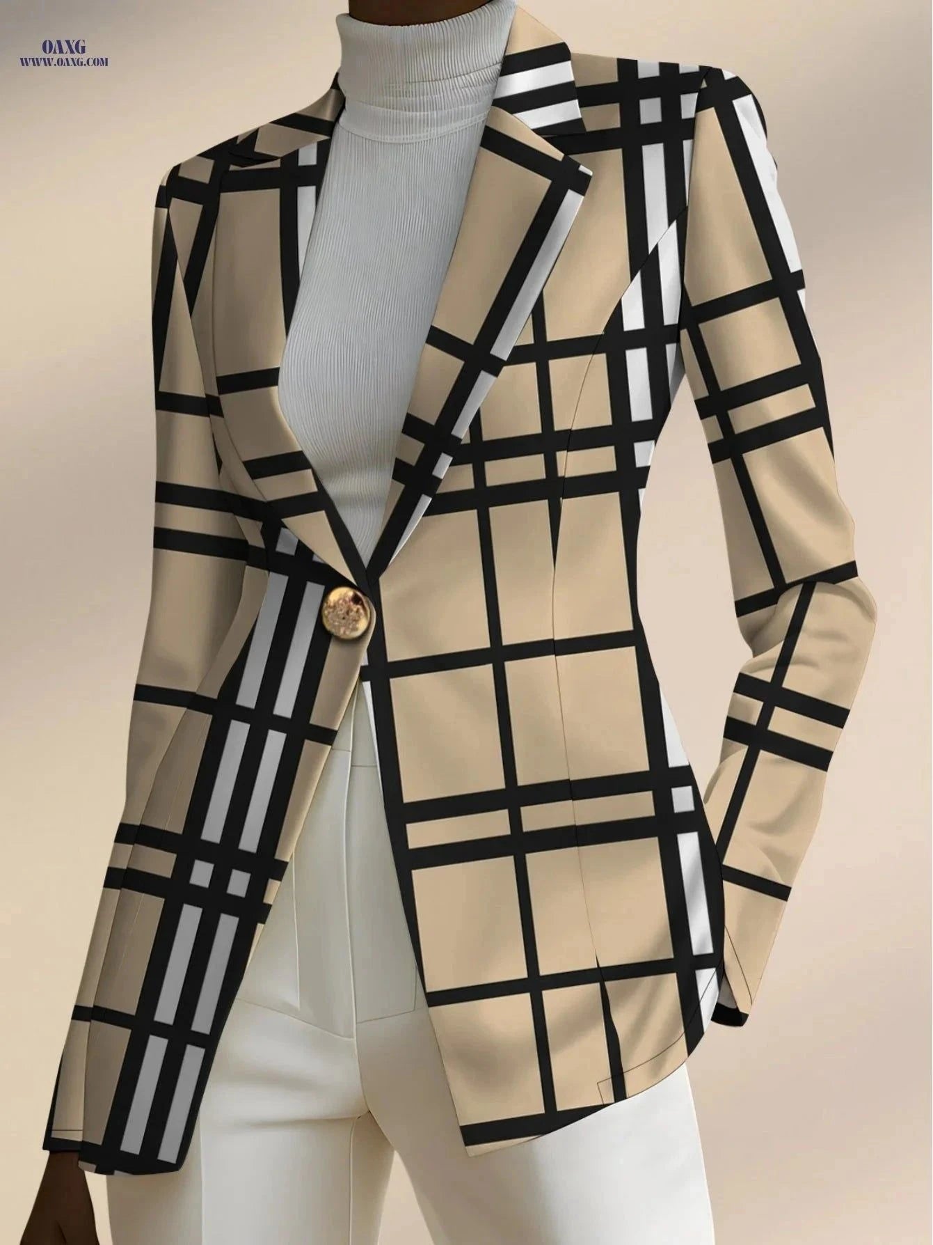 Elegant Women's Autumn Fashion Top - Plaid Stripes and Geometric Print   OAXG Black And White Yellow / S