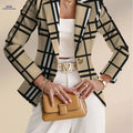 Elegant Women's Autumn Fashion Top - Plaid Stripes and Geometric Print   OAXG Black And White Yellow / S