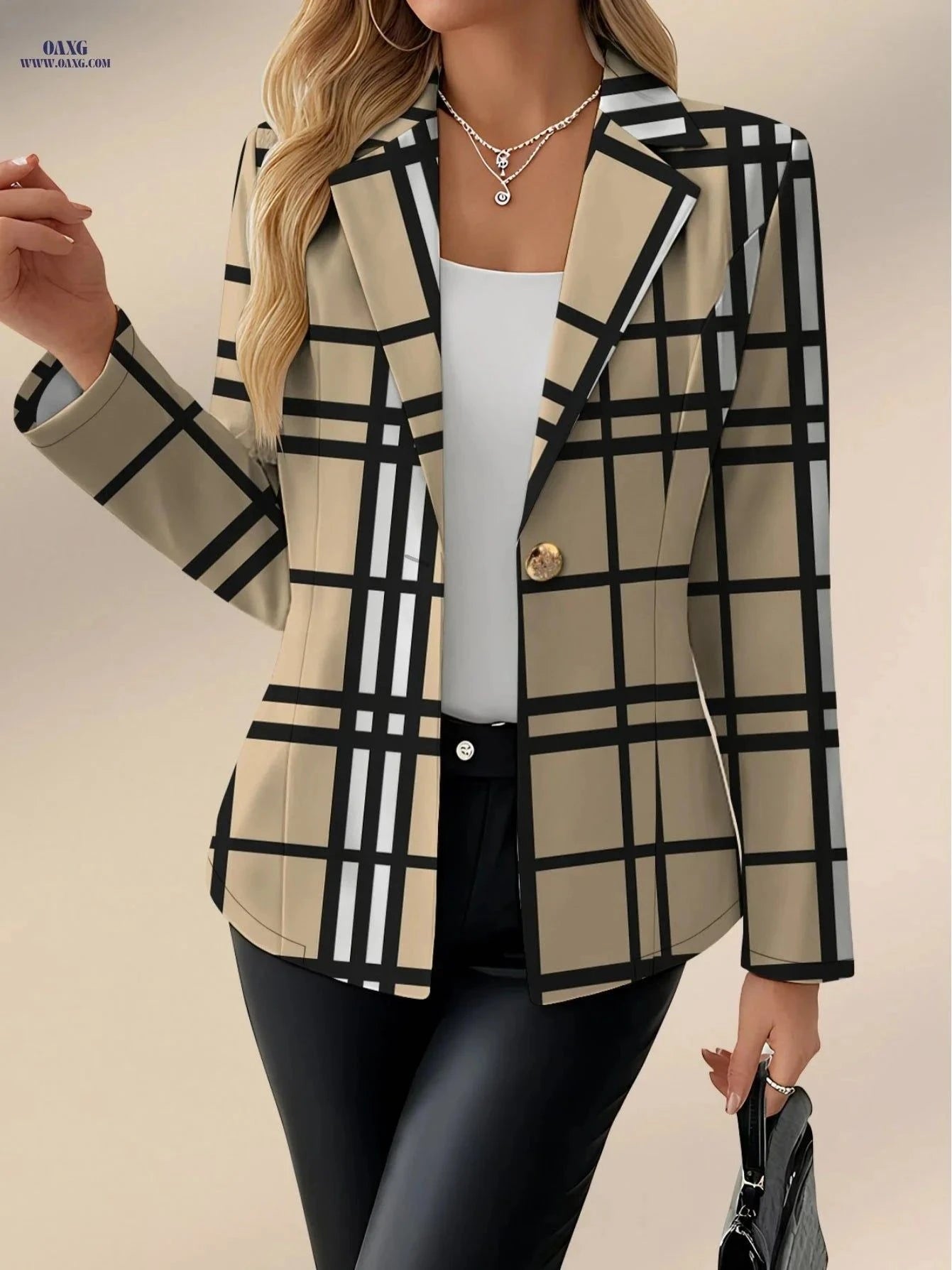 Elegant Women's Autumn Fashion Top - Plaid Stripes and Geometric Print   OAXG Black And White Yellow / S