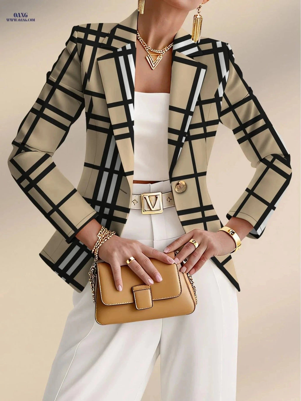 Elegant Women's Autumn Fashion Top - Plaid Stripes and Geometric Print   OAXG Black And White Yellow / S
