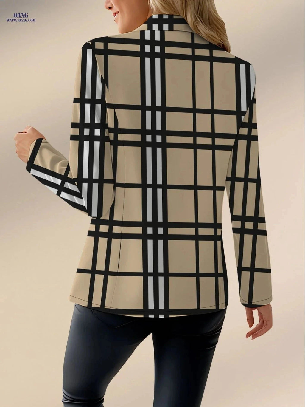 Elegant Women's Autumn Fashion Top - Plaid Stripes and Geometric Print   OAXG Black And White Yellow / S