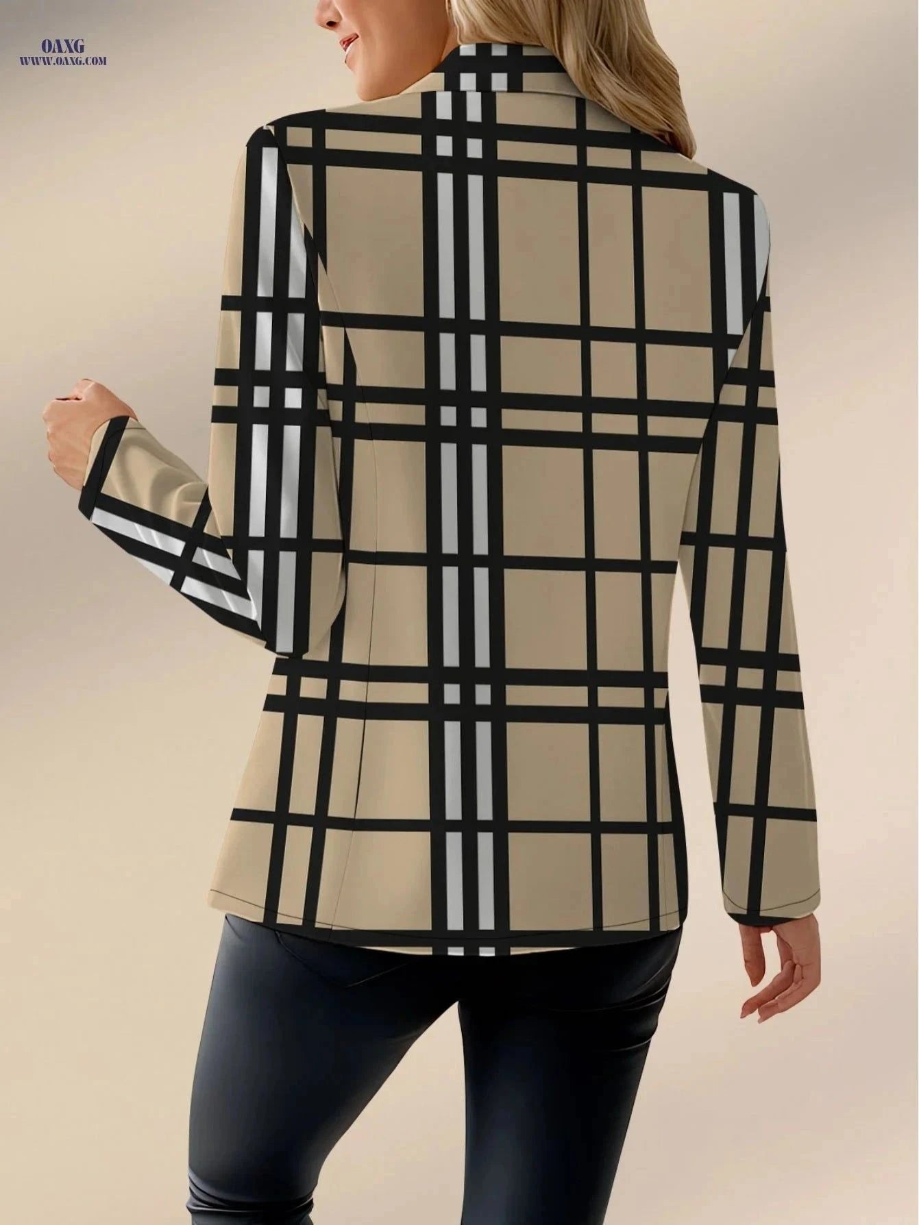 Elegant Women's Autumn Fashion Top - Plaid Stripes and Geometric Print   OAXG Black And White Yellow / S
