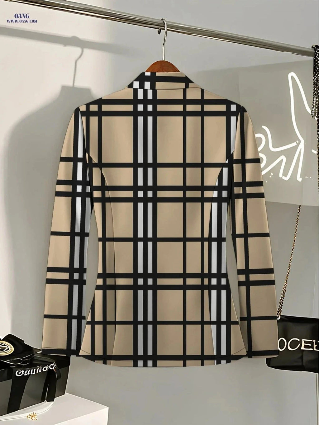 Elegant Women's Autumn Fashion Top - Plaid Stripes and Geometric Print   OAXG Black And White Yellow / S