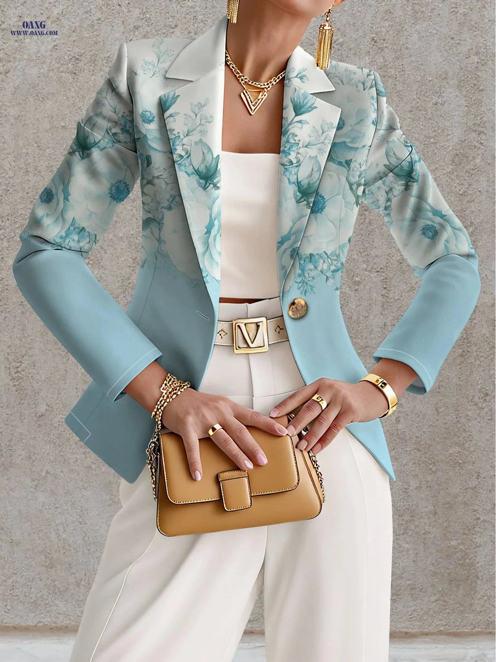 Elegant Women's Autumn Floral Tops - 95% Polyester & Long Sleeve   OAXG Blue And White Color / S
