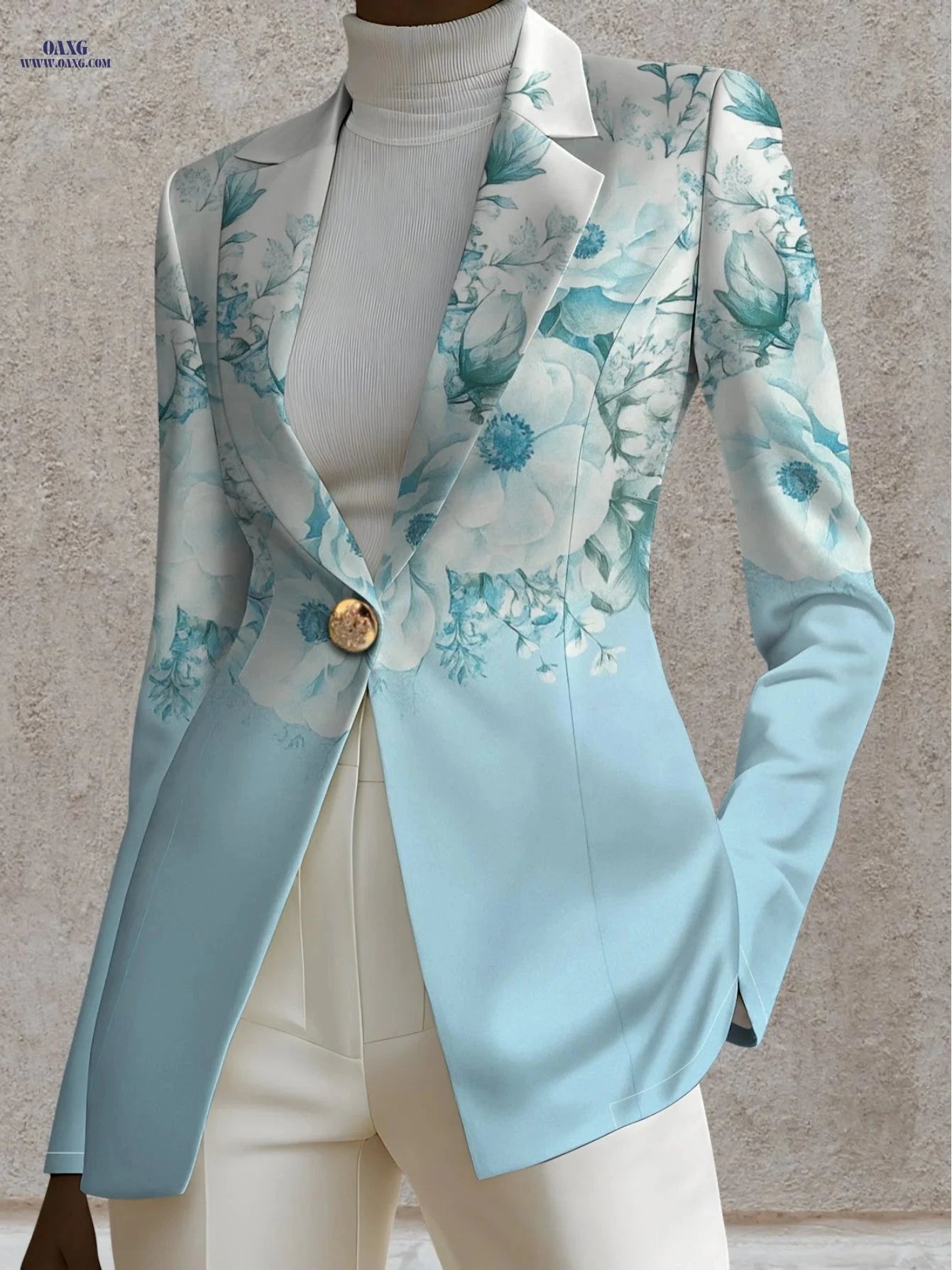 Elegant Women's Autumn Floral Tops - 95% Polyester & Long Sleeve   OAXG Blue And White Color / S