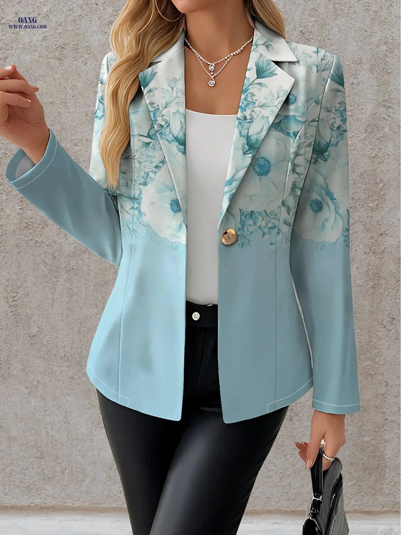 Elegant Women's Autumn Floral Tops - 95% Polyester & Long Sleeve   OAXG Blue And White Color / S