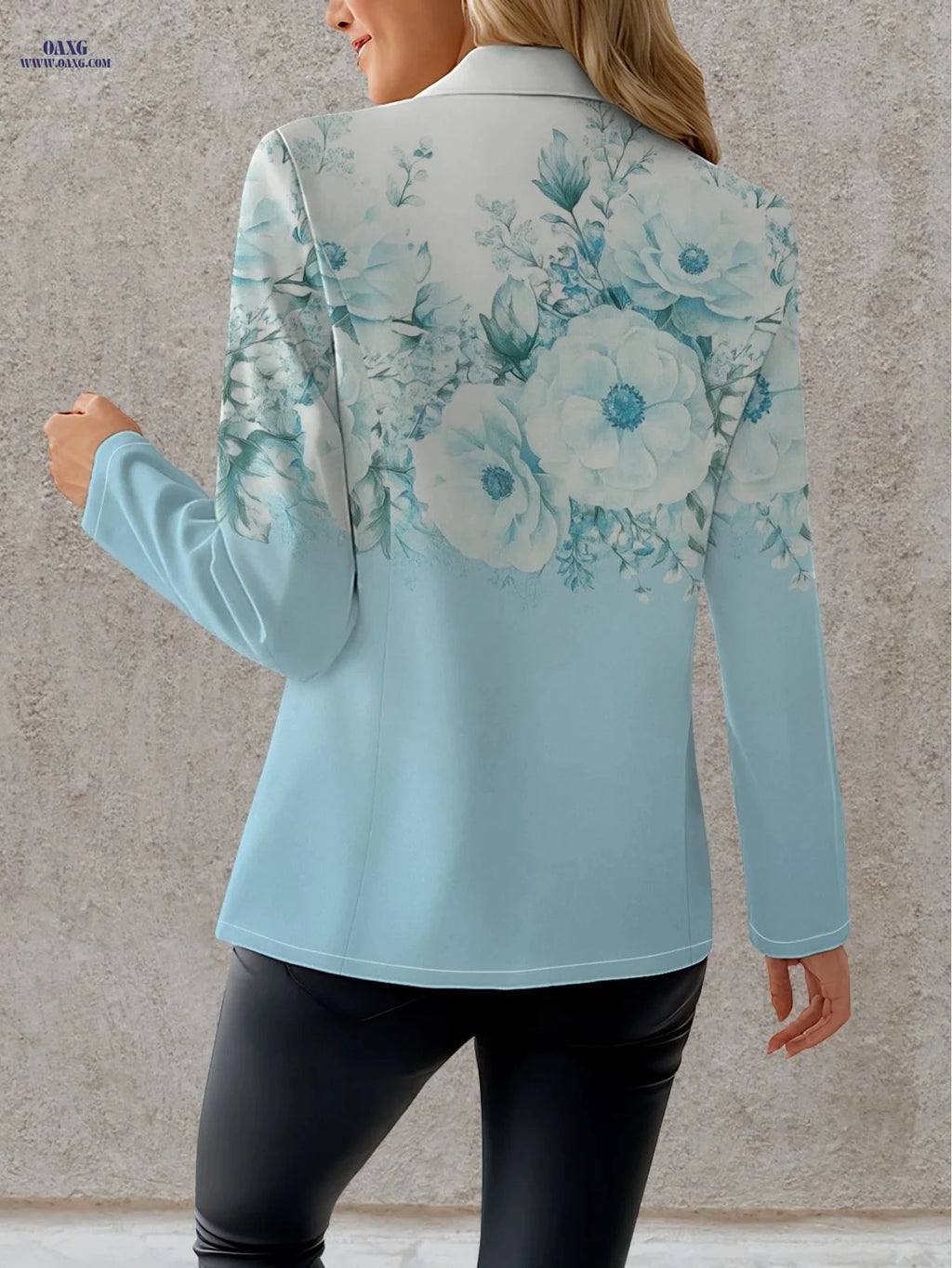 Elegant Women's Autumn Floral Tops - 95% Polyester & Long Sleeve   OAXG Blue And White Color / S
