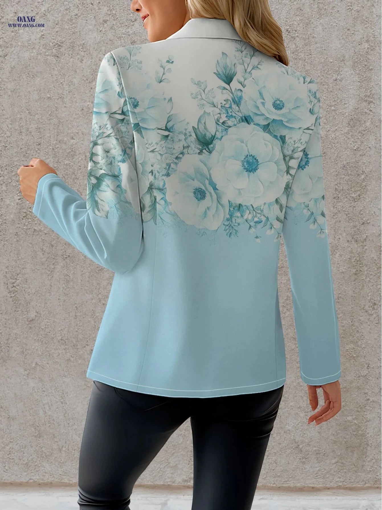 Elegant Women's Autumn Floral Tops - 95% Polyester & Long Sleeve   OAXG Blue And White Color / S
