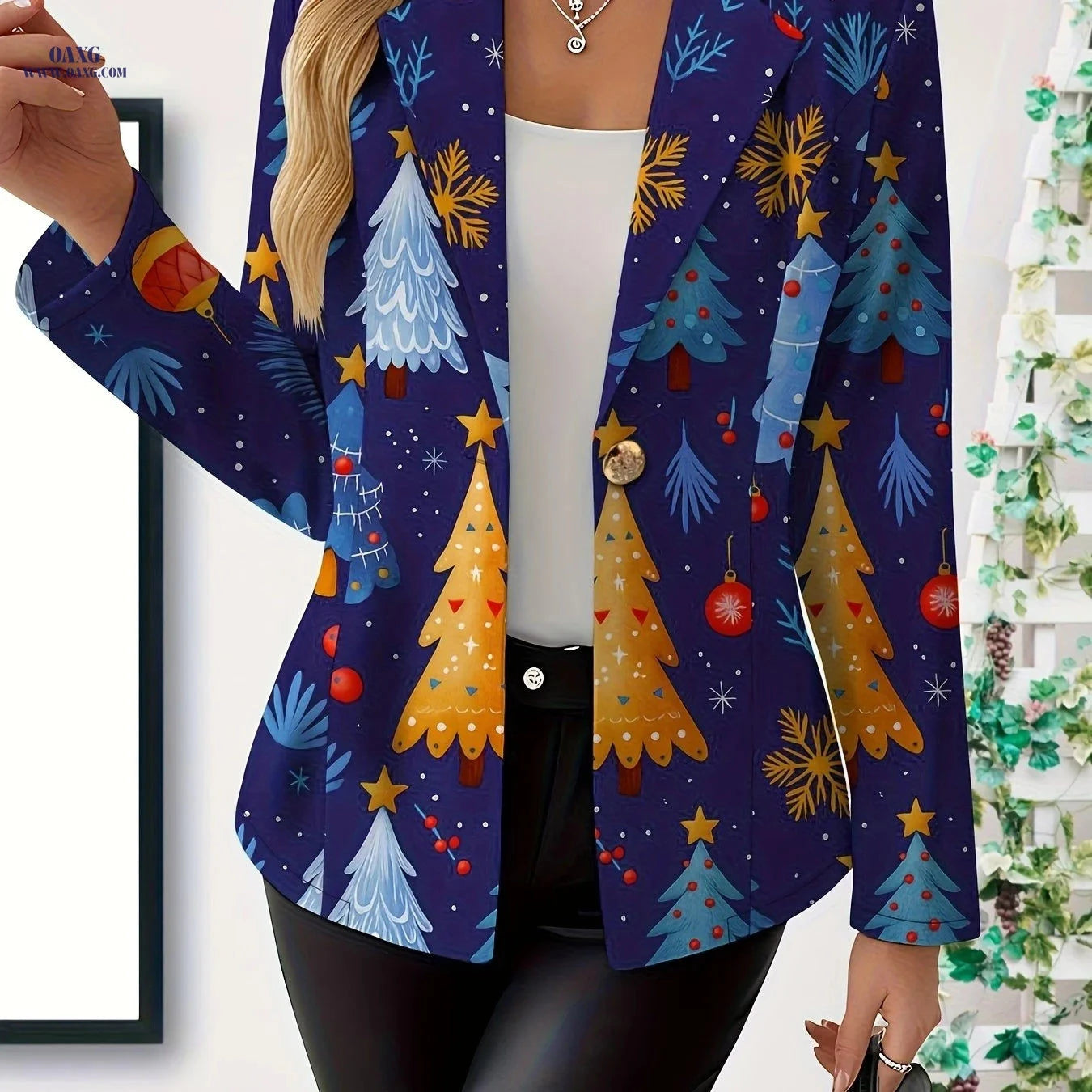 Elegant Women's Autumn Tops - Christmas Tree Pattern, Long Sleeve   OAXG Mixed Color / S