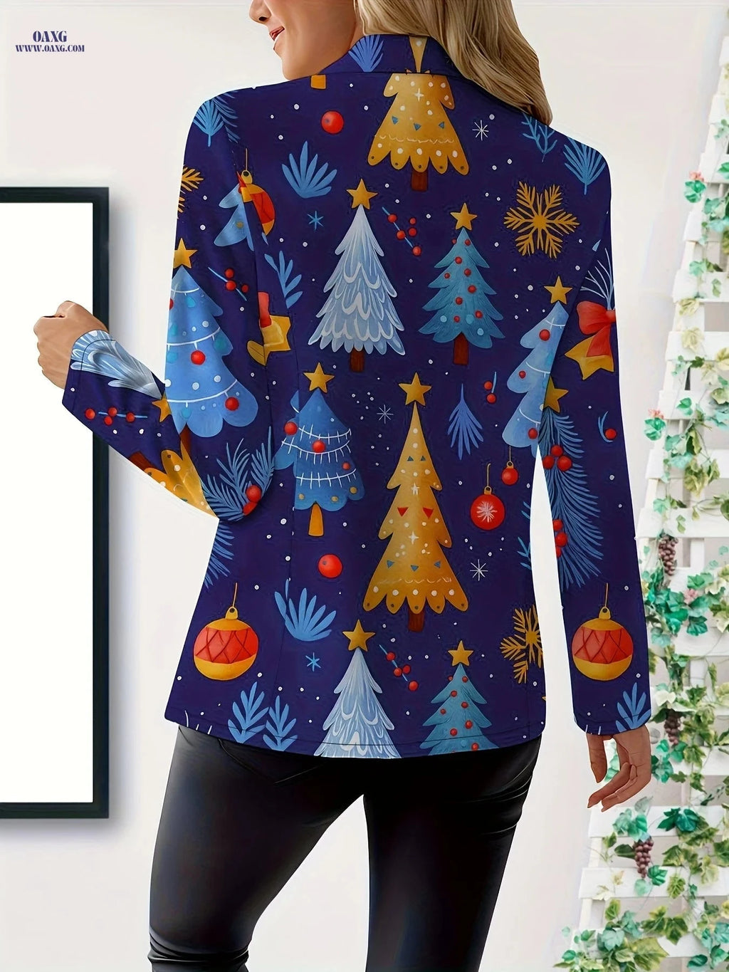 Elegant Women's Autumn Tops - Christmas Tree Pattern, Long Sleeve   OAXG Mixed Color / S