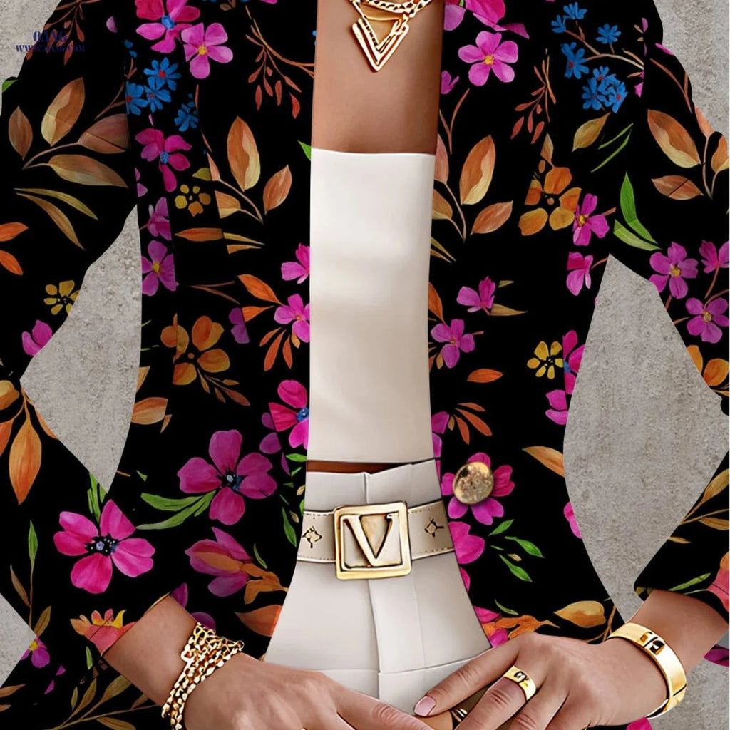 Elegant Women's Autumn Tops - Floral Print, Long Sleeve Design   OAXG Black Color / S
