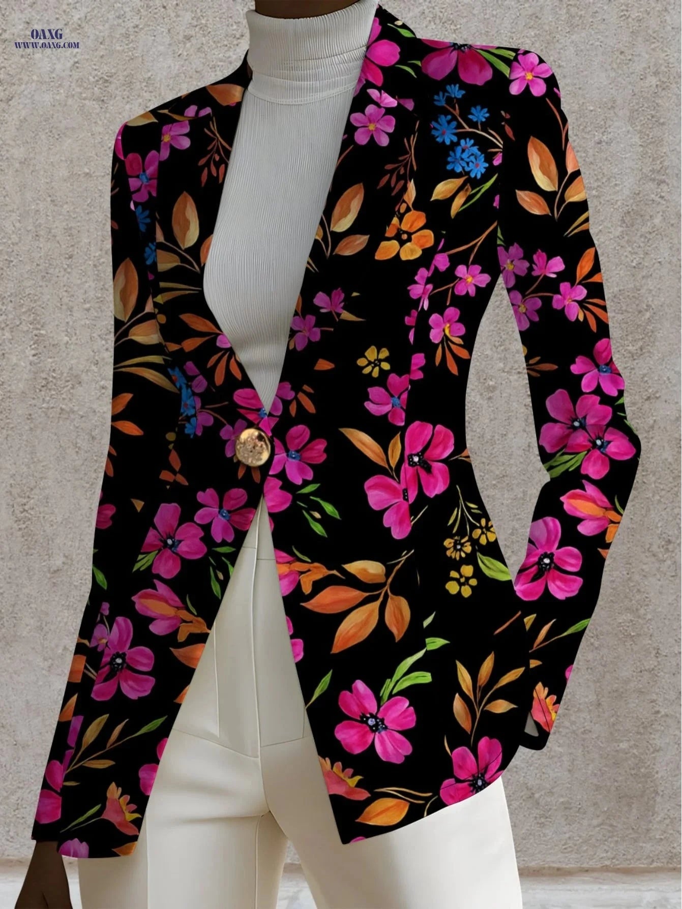 Elegant Women's Autumn Tops - Floral Print, Long Sleeve Design   OAXG Black Color / S