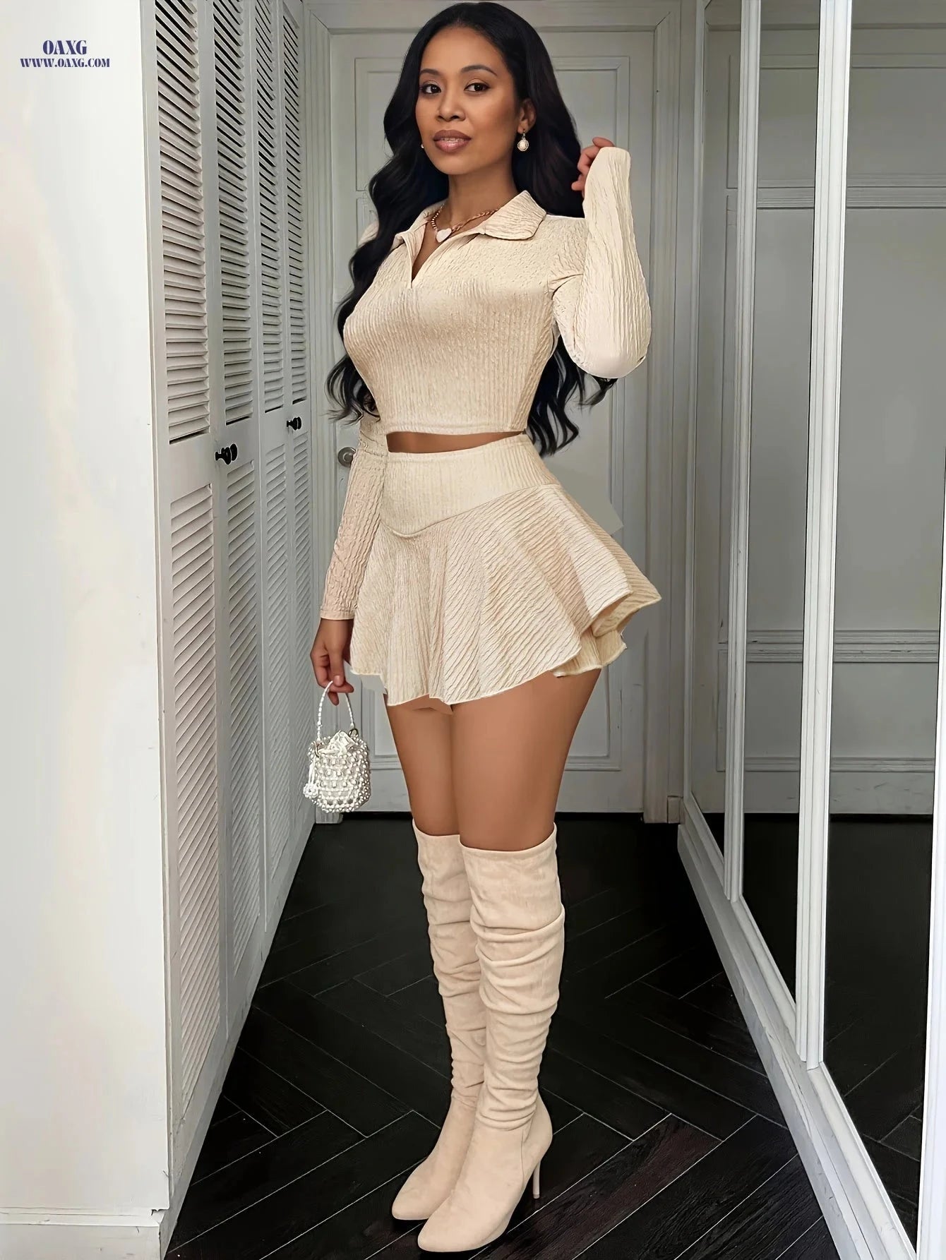 Elegant Women's Autumn & Winter 2-Piece Casual Skirt Set   OAXG Apricot / S