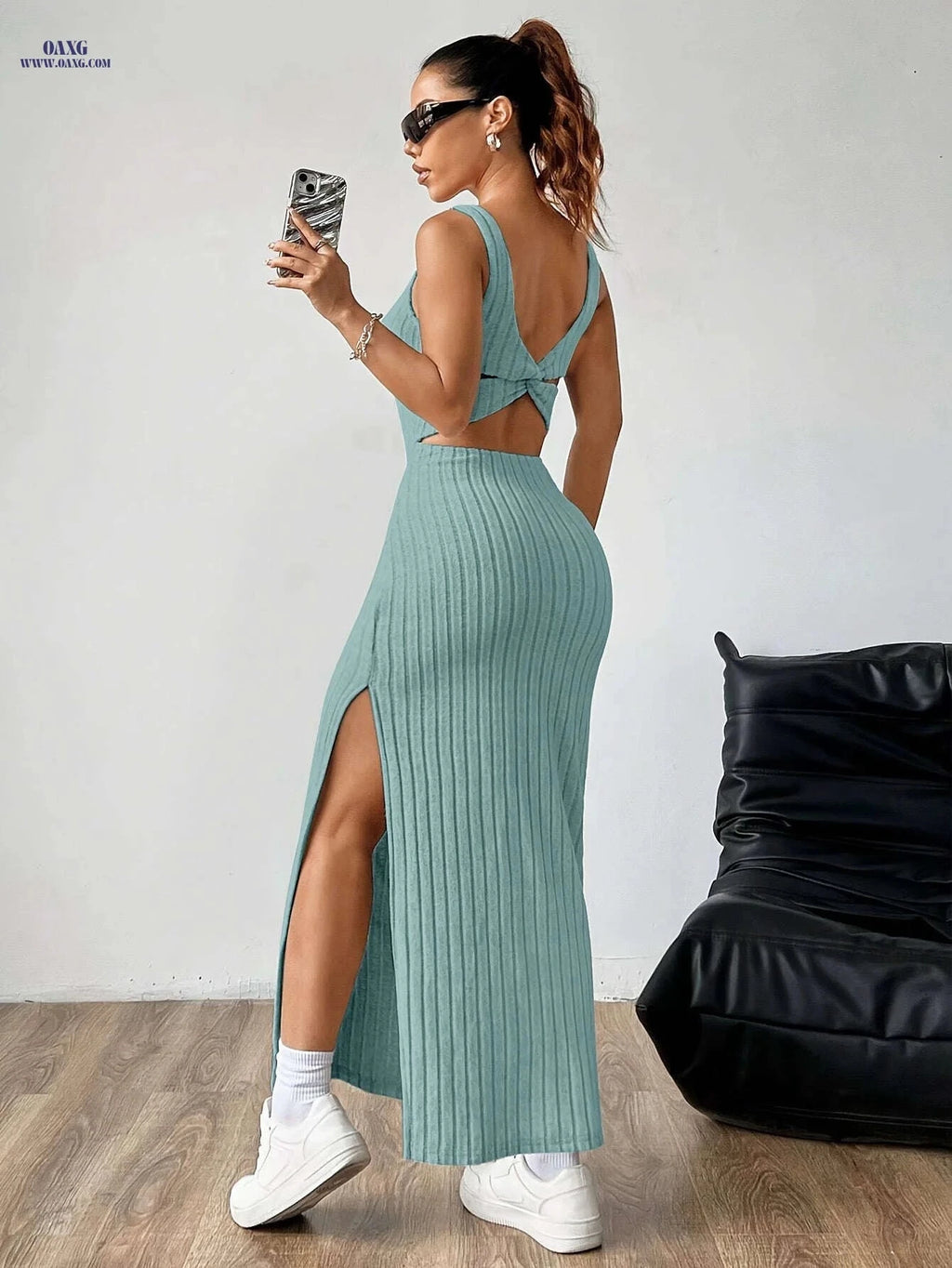 Elegant Women's Backless Tank Dress - Micro Elasticity, All-Season Wear   OAXG 