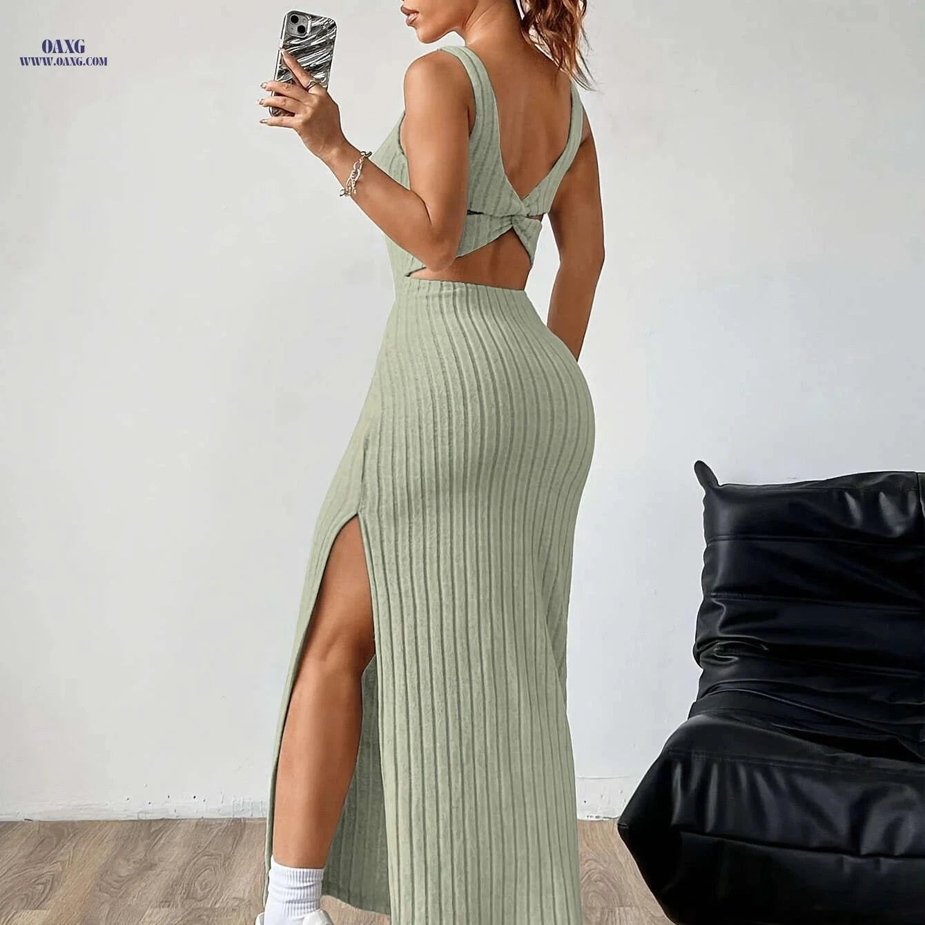 Elegant Women's Backless Tank Dress - Micro Elasticity, All-Season Wear   OAXG 
