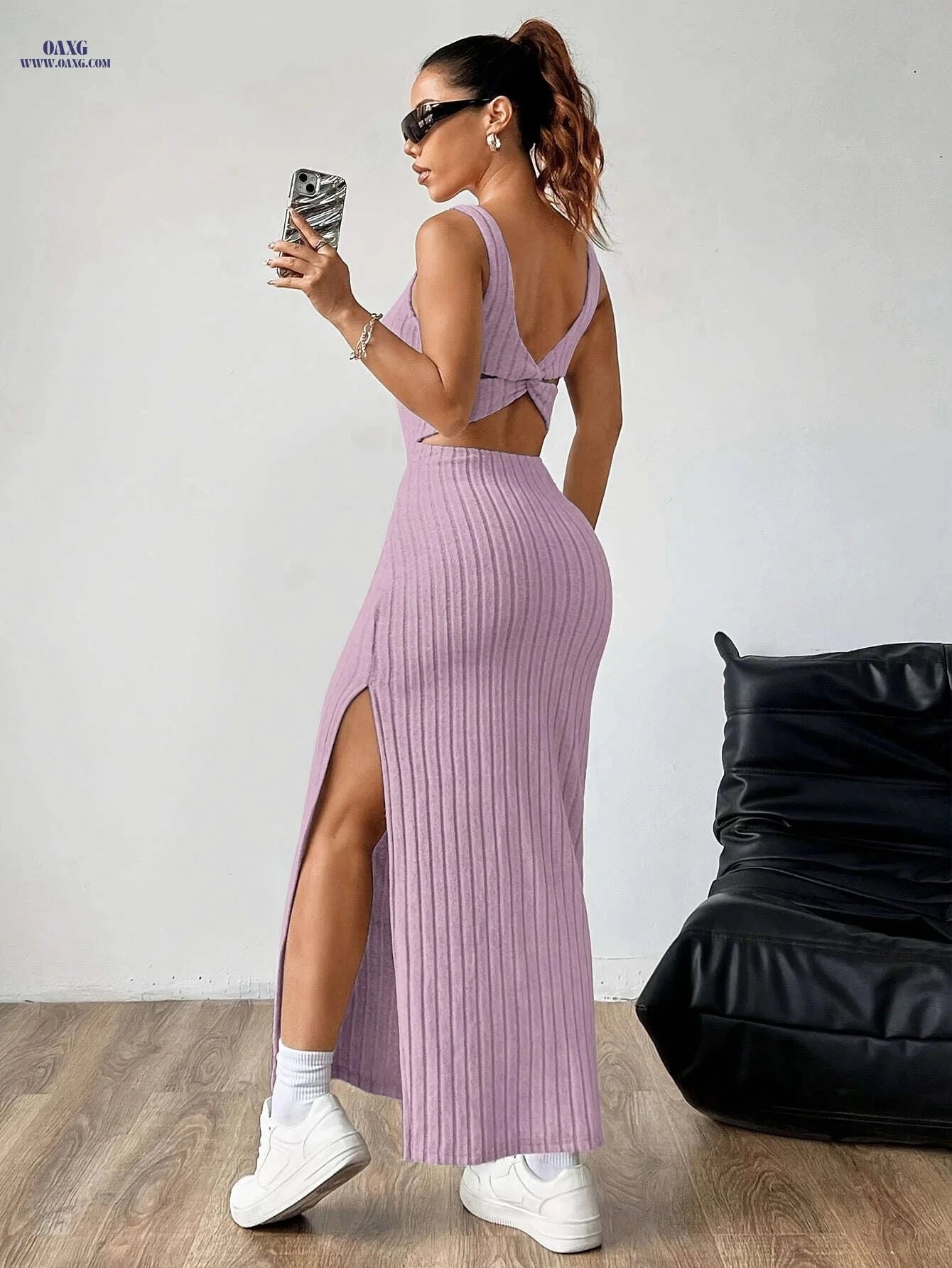 Elegant Women's Backless Tank Dress - Micro Elasticity, All-Season Wear   OAXG 