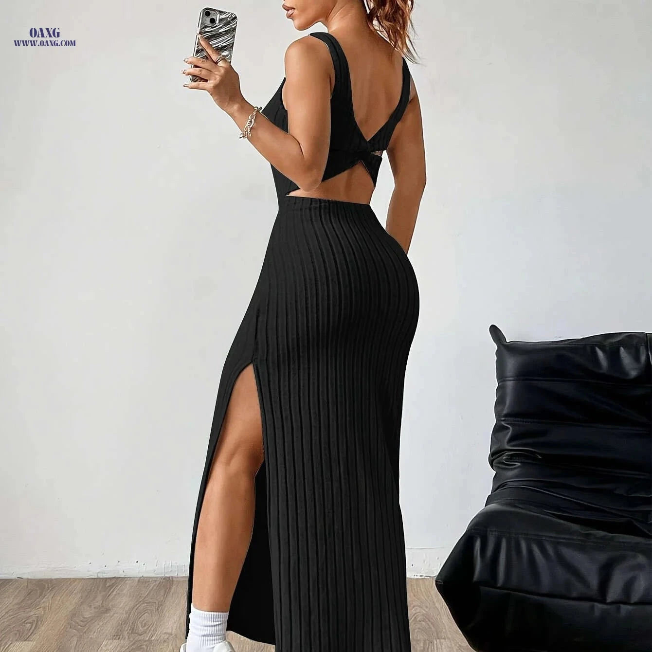 Elegant Women's Backless Tank Dress - Micro Elasticity, All-Season Wear   OAXG 