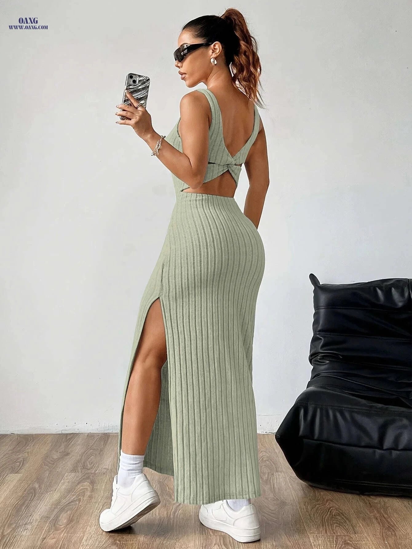 Elegant Women's Backless Tank Dress - Micro Elasticity, All-Season Wear   OAXG 