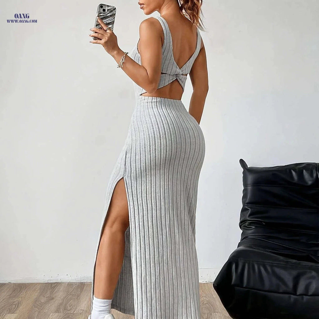 Elegant Women's Backless Tank Dress - Micro Elasticity, All-Season Wear   OAXG 