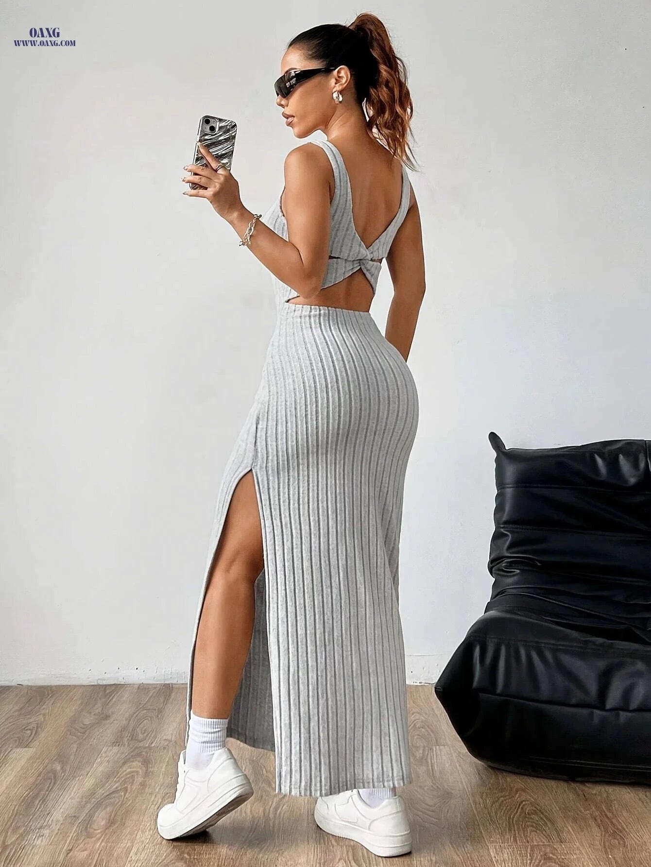 Elegant Women's Backless Tank Dress - Micro Elasticity, All-Season Wear   OAXG Silvery Grey / XS
