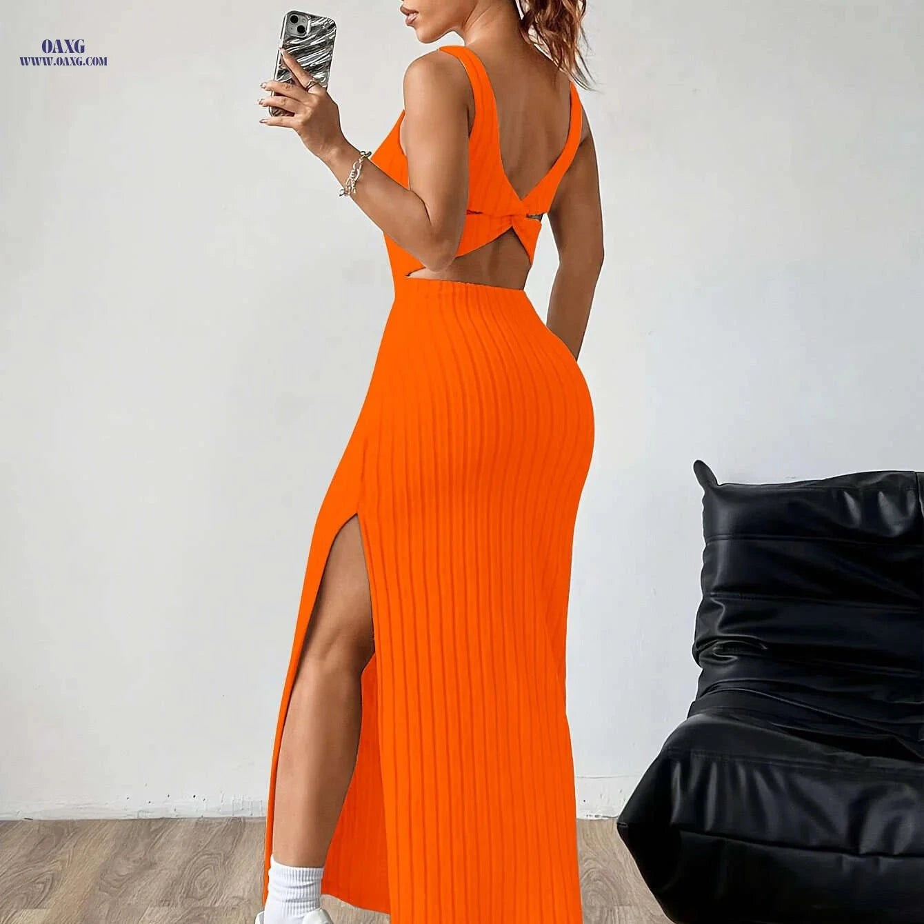 Elegant Women's Backless Tank Dress - Micro Elasticity, All-Season Wear   OAXG Silvery Grey / XS