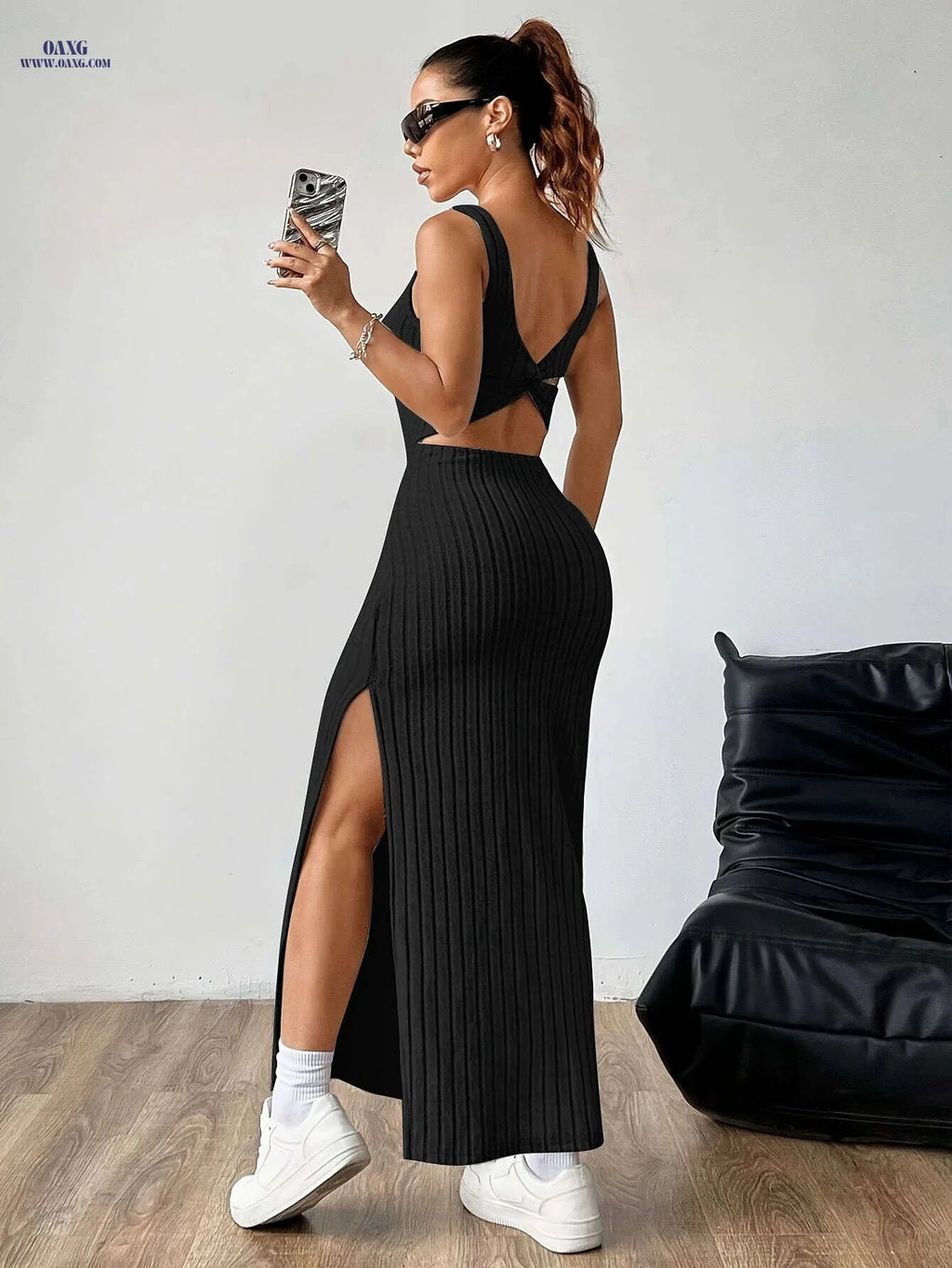 Elegant Women's Backless Tank Dress - Micro Elasticity, All-Season Wear   OAXG Silvery Grey / XS