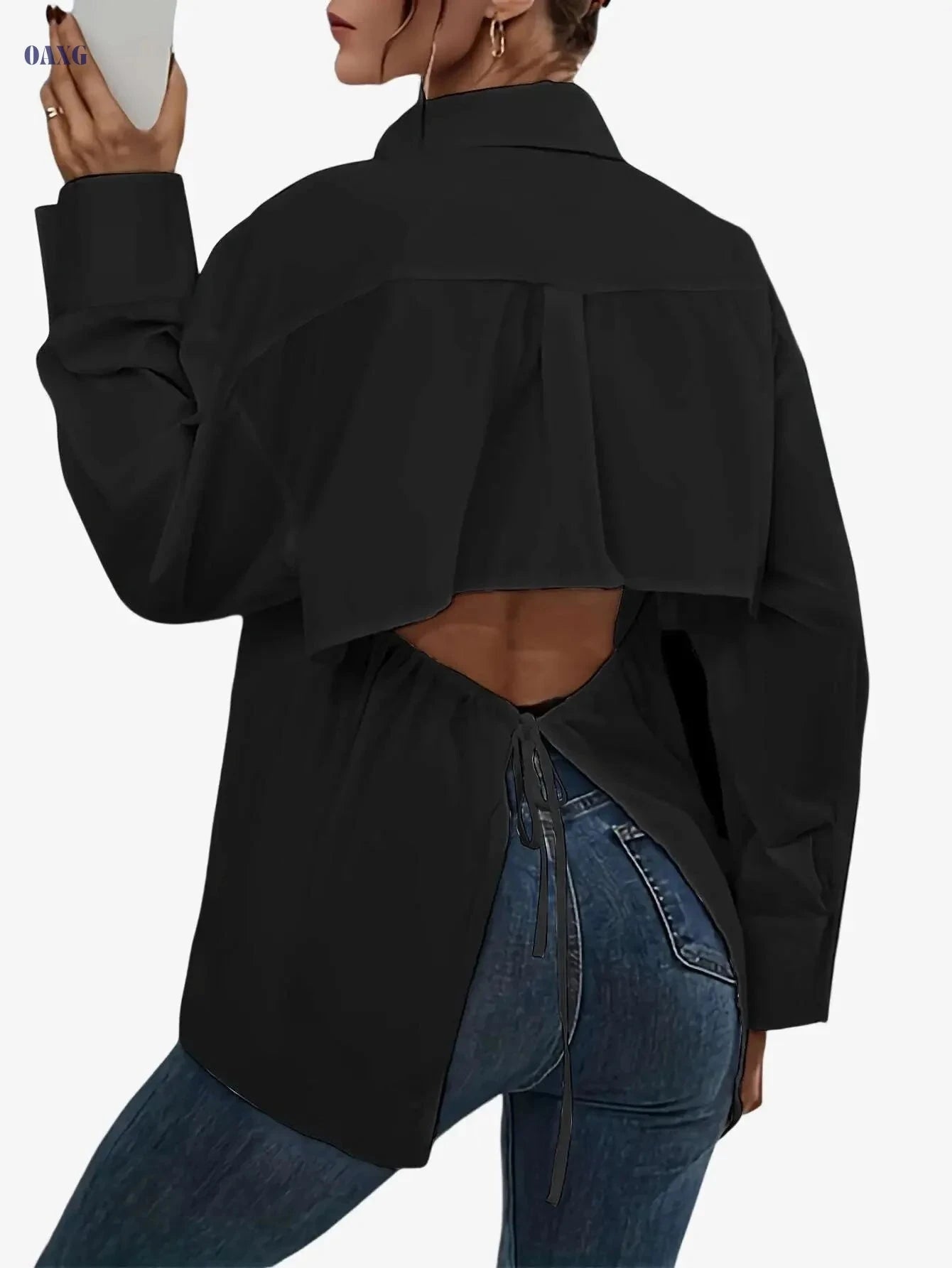 Elegant Women's Backless Tie-Back Shirt - Long Sleeve Casual Top   OAXG Bright Steel Blue / S