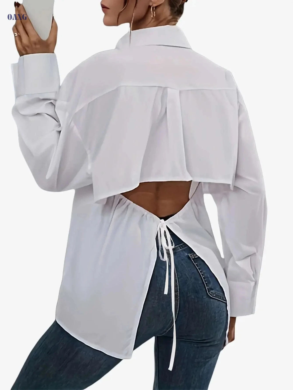 Elegant Women's Backless Tie-Back Shirt - Long Sleeve Casual Top   OAXG Bright Steel Blue / S