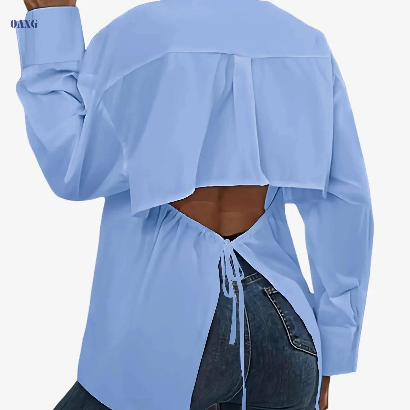 Elegant Women's Backless Tie-Back Shirt - Long Sleeve Casual Top   OAXG Bright Steel Blue / S