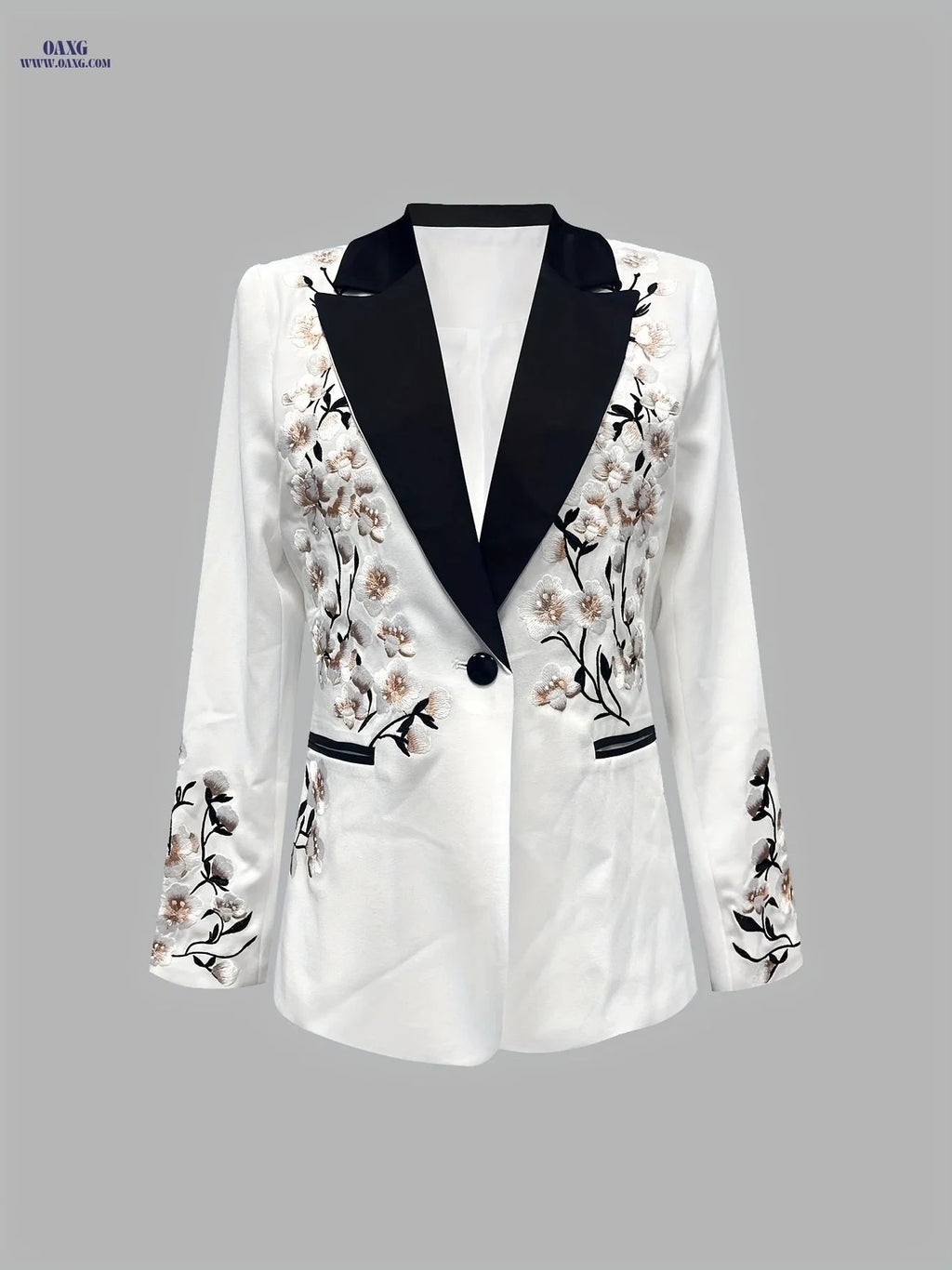 Elegant Women's Black and White Floral Blazer - Long Sleeve Style   OAXG White / M
