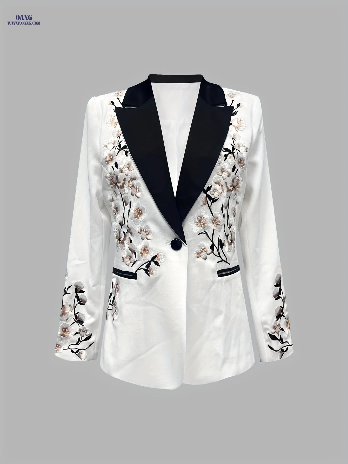 Elegant Women's Black and White Floral Blazer - Long Sleeve Style   OAXG White / M