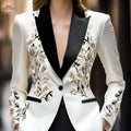 Elegant Women's Black and White Floral Blazer - Long Sleeve Style   OAXG White / M