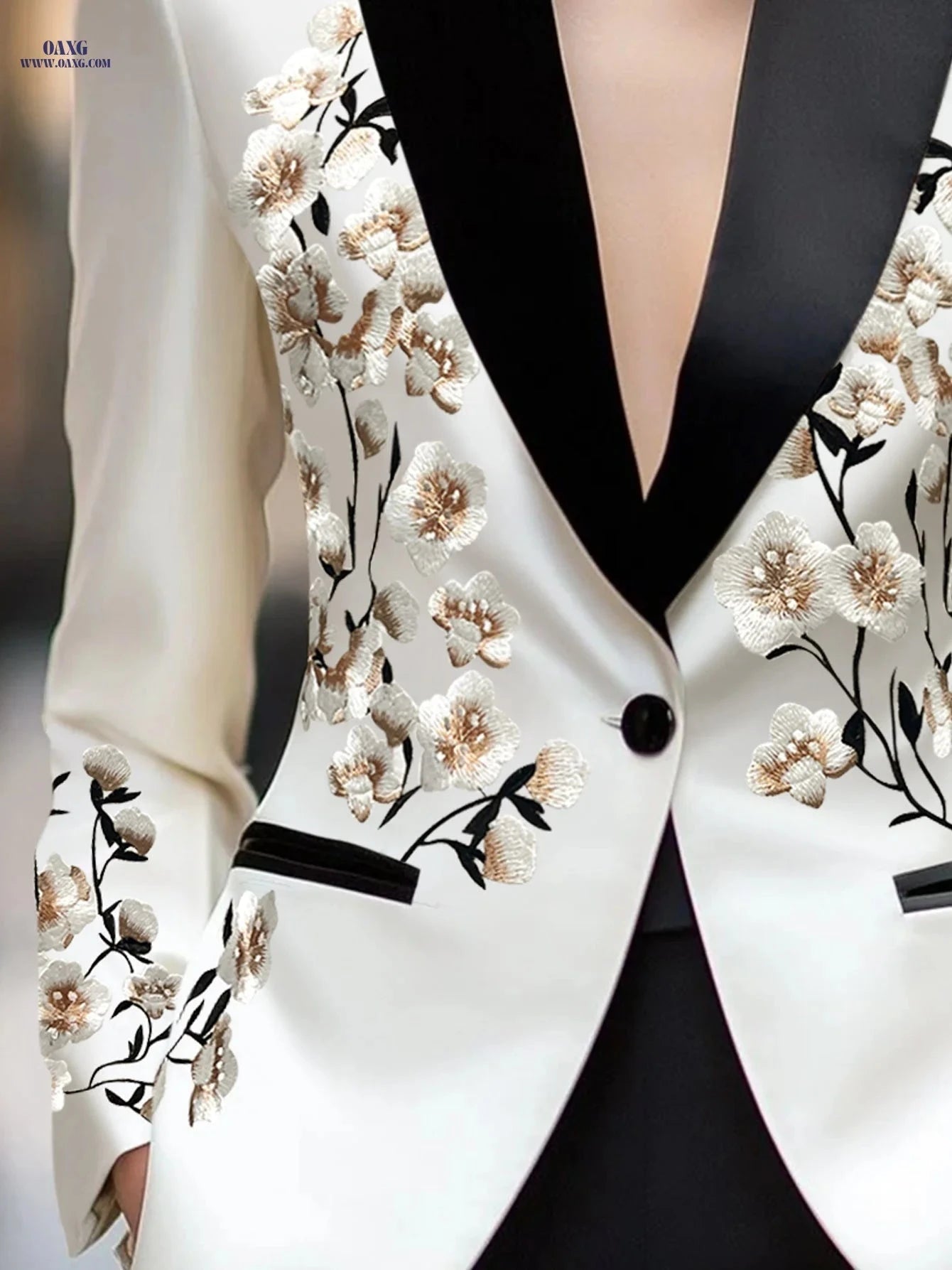 Elegant Women's Black and White Floral Blazer - Long Sleeve Style   OAXG White / M