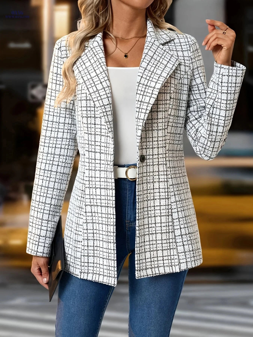 Elegant Women's Black and White Plaid Coat - Fall/Winter Casual Style   OAXG Black And White Plaid / S