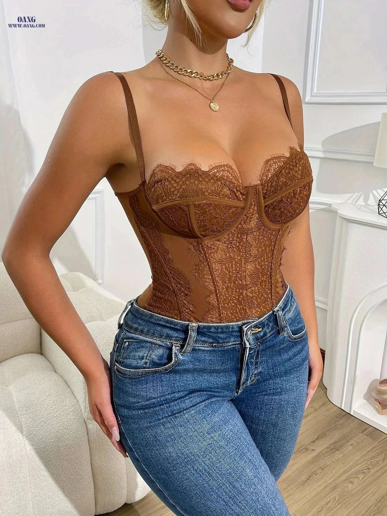 Elegant Women's Black Lace Bodysuit - V-Neck Sleeveless & Slim Fit   OAXG Dark Brown / XS