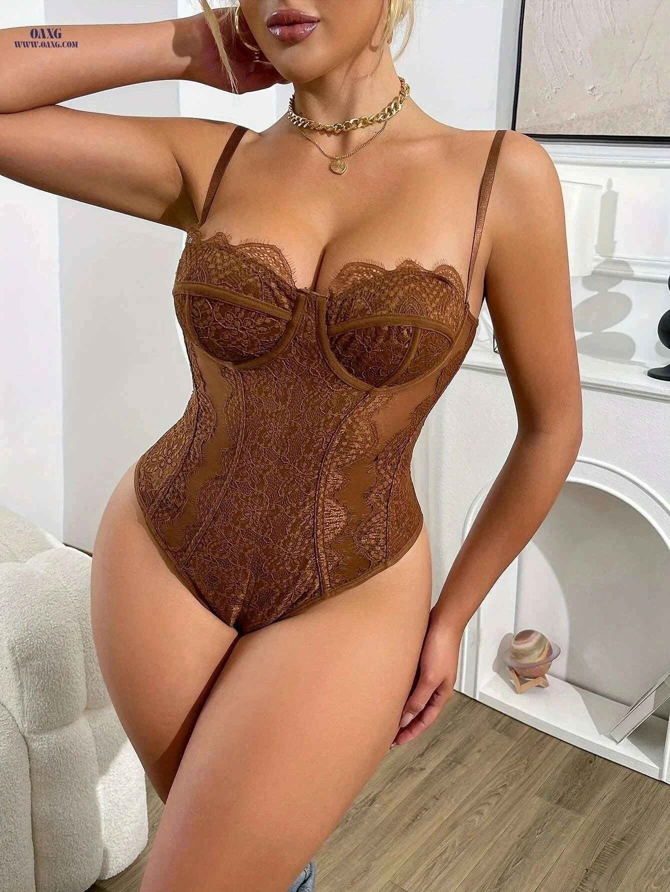 Elegant Women's Black Lace Bodysuit - V-Neck Sleeveless & Slim Fit   OAXG Dark Brown / XS