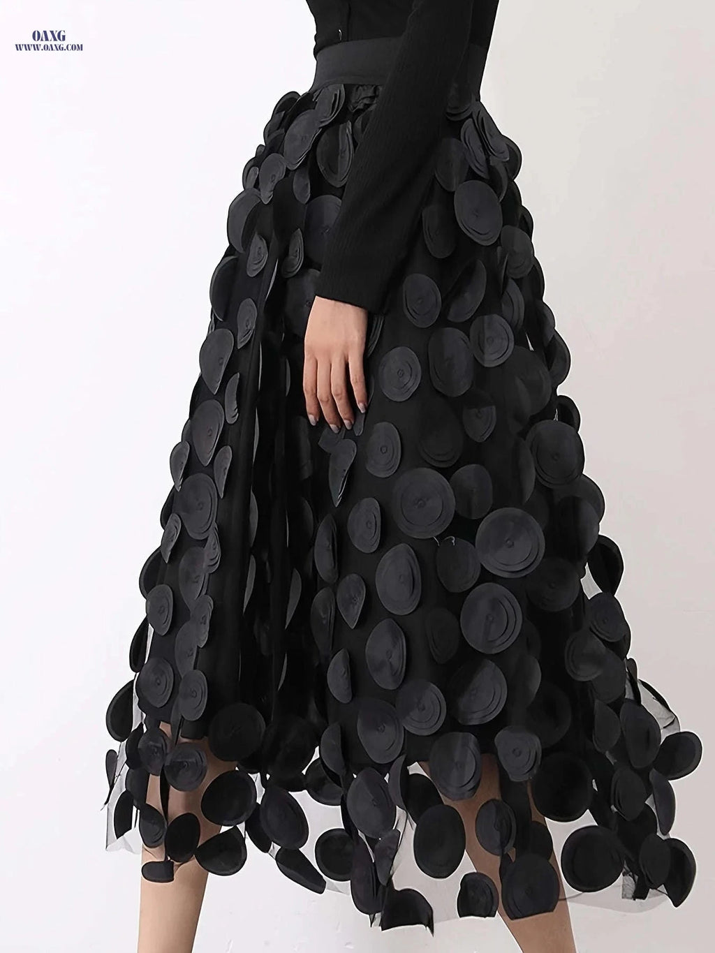 Elegant Women's Black Mesh Long Skirt - Flared A-Line Design   OAXG Black / S