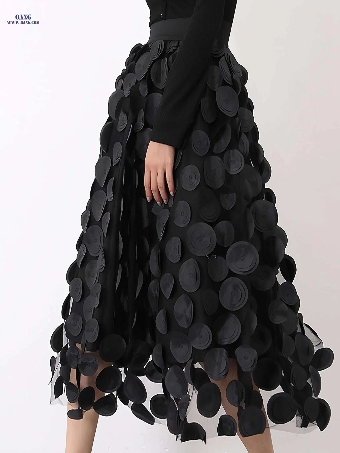 Elegant Women's Black Mesh Long Skirt - Flared A-Line Design   OAXG Black / S
