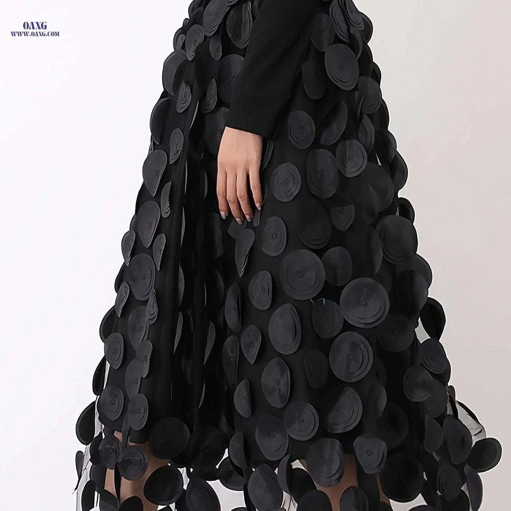 Elegant Women's Black Mesh Long Skirt - Flared A-Line Design   OAXG Black / S