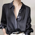 Elegant Women's Black Satin-Finish Shirt - 100% Polyester Long Sleeve Button-Up Top, Machine Washable Regular Fit for Spring/Fall Office & Casual Wear   OAXG Black / S