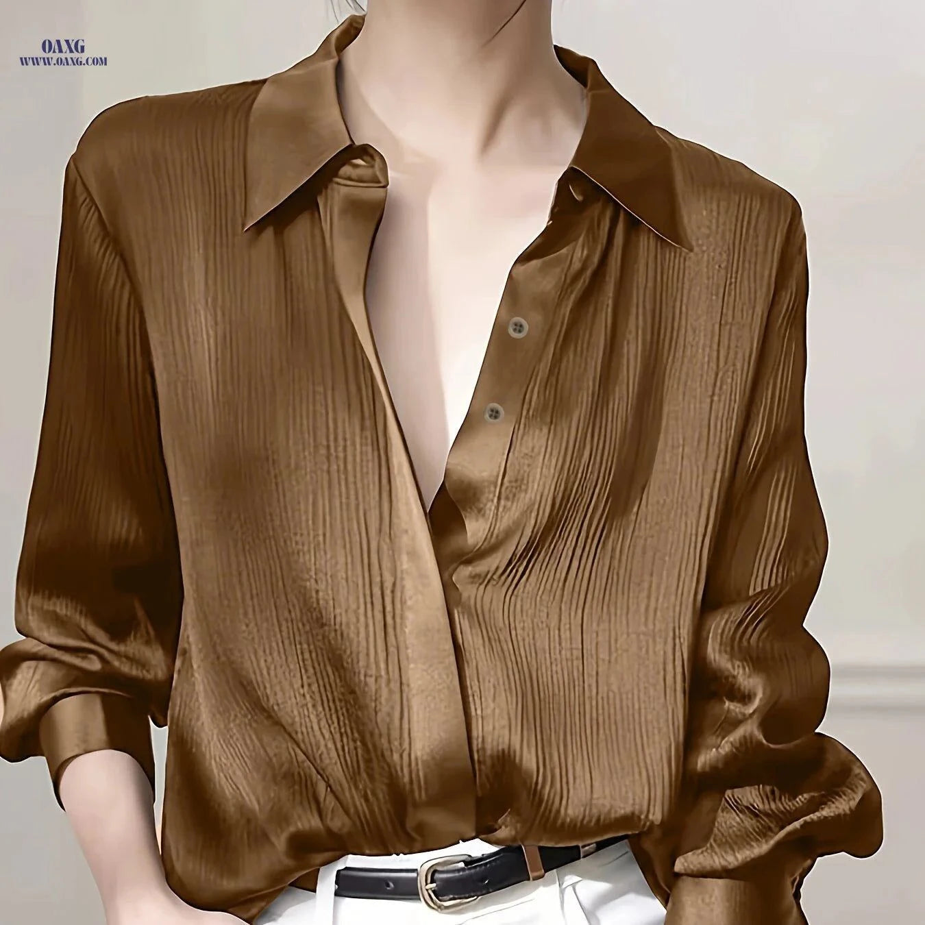 Elegant Women's Black Satin Shirt - 100% Polyester, Long Sleeve Top   OAXG Black / S