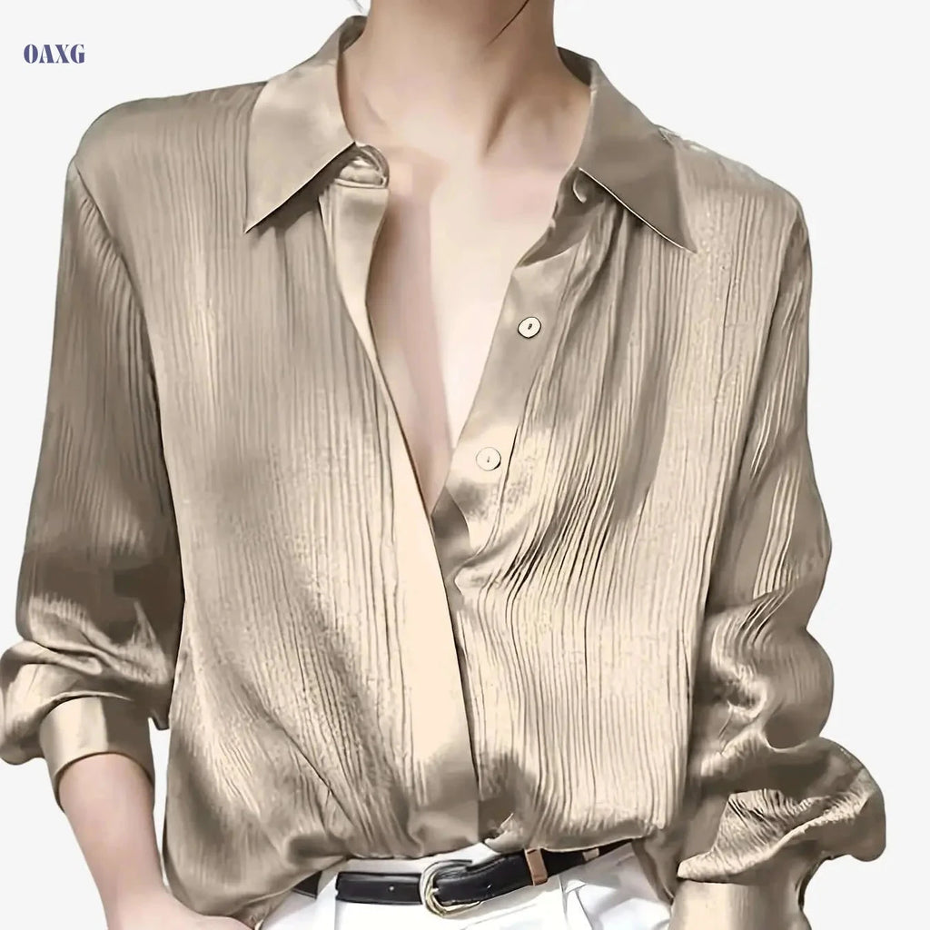 Elegant Women's Black Satin Shirt - Long Sleeve, Chic Style Top   OAXG 