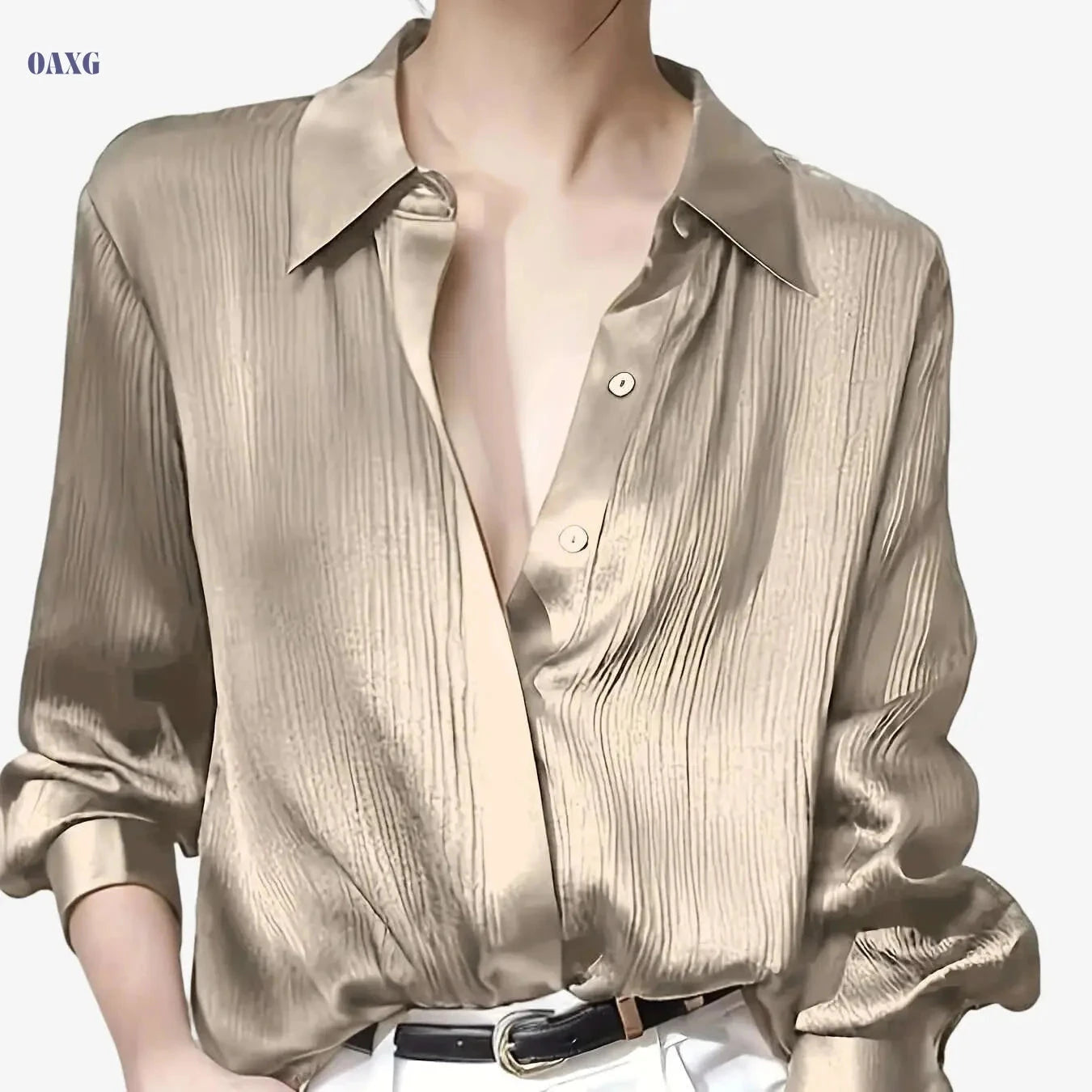 Elegant Women's Black Satin Shirt - Long Sleeve, Chic Style Top   OAXG 
